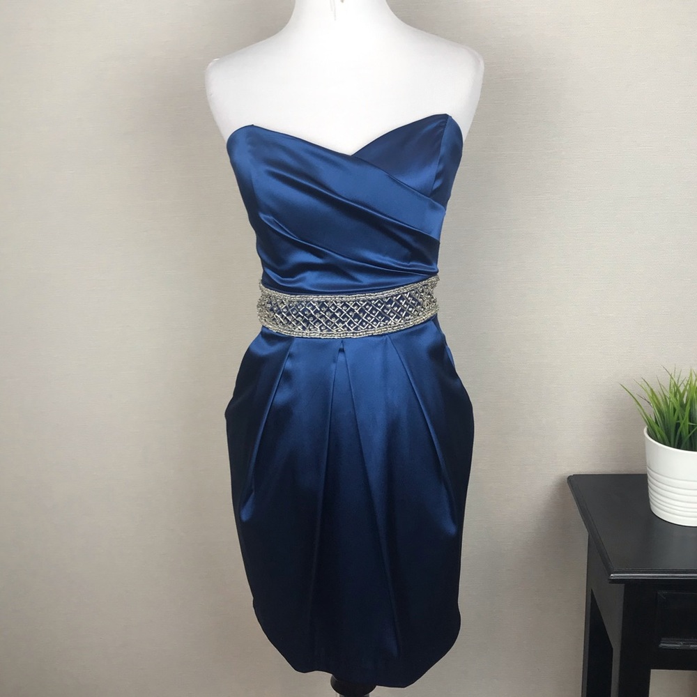 B Darlin Royal Blue Satin Strapless Beaded Cocktail Dress 3/4 EUC
